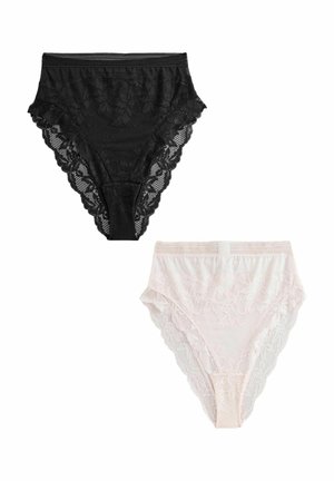 Zwarte en blush kanten hoge taille slips, met golvende randen, bloemenpatronen en doorzichtige panels. Zachte elastische taillebanden.
