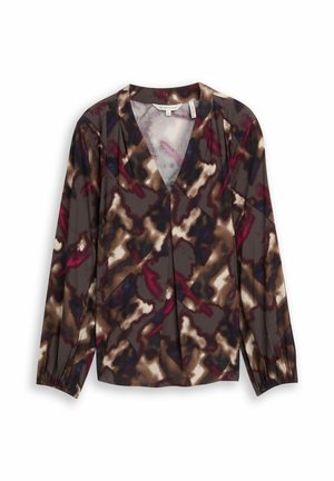 Langarmblouse van lichtgewicht stof met een abstract patroon in grijs, bruin en bordeauxrood. Heeft een diepe V-hals en geplooide manchetjes.