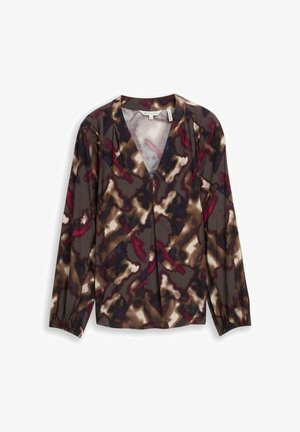 Blouse à manches longues en tissu léger avec un motif abstrait gris, marron et bordeaux. Dotée d'un décolleté en V profond et de poignets froncés.
