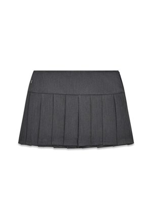 Gray pleated skirt made of fabric with a textured finish. Features a smooth waistband and multiple vertical pleats for a structured look.