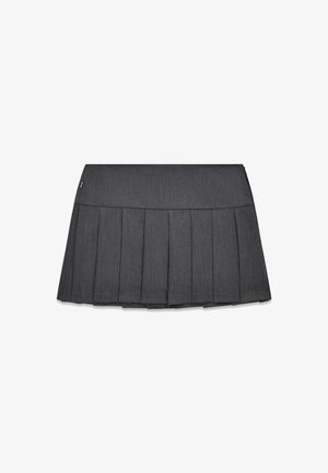 Gray pleated skirt made of fabric with a textured finish. Features a smooth waistband and multiple vertical pleats for a structured look.