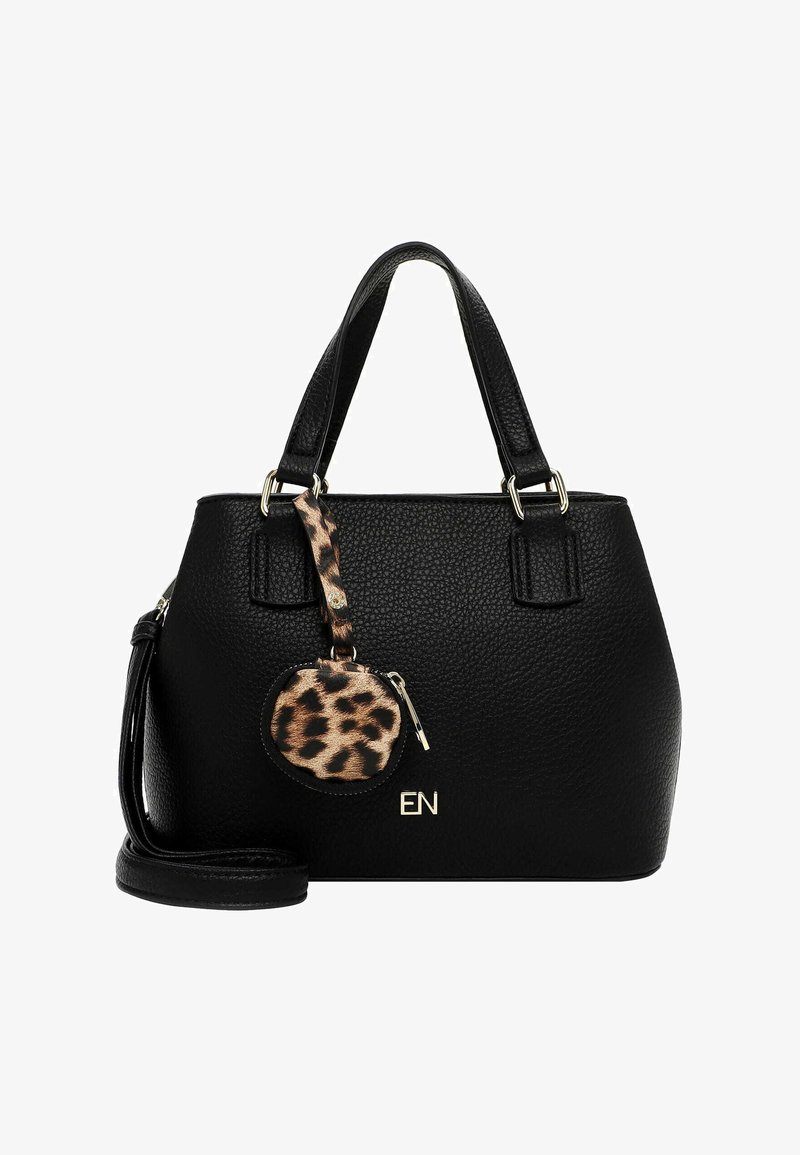 Black pebbled leather handbag with sturdy handles, gold hardware, and a detachable leopard print keychain. Features a zippered compartment.