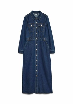 Denimkjole med lange ærmer, spids krave, frontknapper, to brystlommer og talje med snøring. Mørkeblå farve og let struktureret stof.