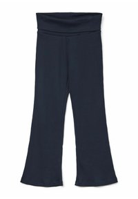 Mörkblå ribbade utsvängda byxor med en bred, elastisk midja och slät textur. Har en avslappnad passform med utsvängda benöppningar.