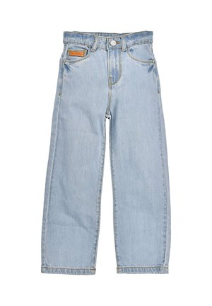 Hellblaue Denim-Jeans mit hoher Taille, weitem Bein und kontrastierenden Nähten. Sie verfügen über einen vorderen Knopfverschluss und ein klassisches Fünf-Taschen-Design.