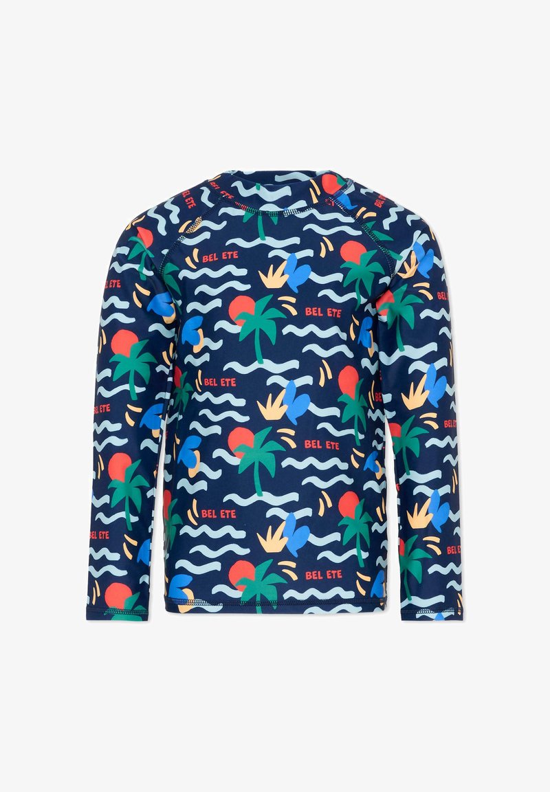 Granatowa koszula z długim rękawem z kolorowymi palmami, abstrakcyjnymi kształtami, falami i wzorem napisu "BEL ETE" na całej powierzchni.