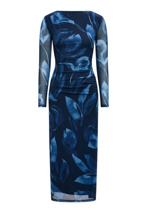 Marineblå midi-kjole med lange, gennemsigtige ærmer, bådudskæring, rynket talje og stort abstrakt blåt blomsterprint.
