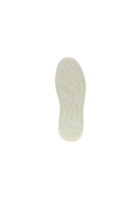 Semelle de chaussure en caoutchouc blanc présentant un motif en vagues, texturée pour une meilleure adhérence, avec un marquage en relief et des contours distincts pour plus de flexibilité.