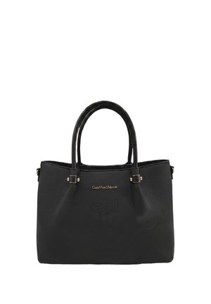 Borsa a mano in pelle nera con due manici e scritta del logo dorata "Gian Marco Venturi" sulla parte anteriore.