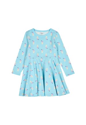 Langärmliges Kleid aus hellblauem Stoff mit einem ausgestellten Rock. Es hat einen wiederholten Druck von bunten Getränken mit Strohhalmen und eine weiche Textur.