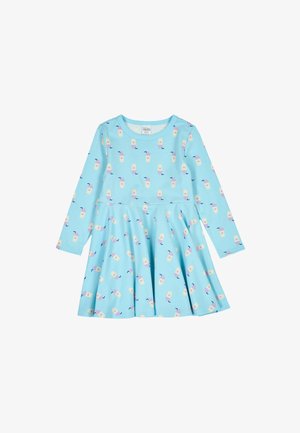 Langærmet kjole i lyseblåt stof med en svajende nederdel. Har et gentaget print af farverige drikke med sugerør, blød tekstur.