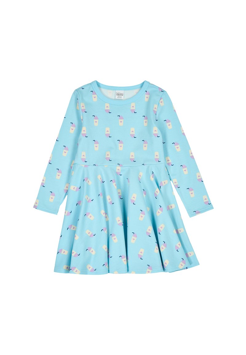 Langärmliges Kleid aus hellblauem Stoff mit einem ausgestellten Rock. Es hat einen wiederholten Druck von bunten Getränken mit Strohhalmen und eine weiche Textur.