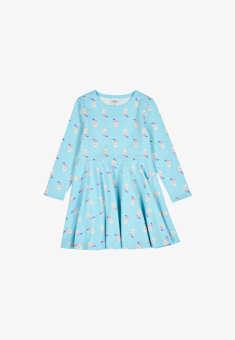 Langärmliges Kleid aus hellblauem Stoff mit einem ausgestellten Rock. Es hat einen wiederholten Druck von bunten Getränken mit Strohhalmen und eine weiche Textur.