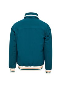 Turkos jacka med ribbad krage och flerfärgade randiga ärmar. Slät textur och elastisk nederkant för en figurnära look. Bakvy visas.