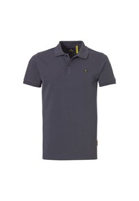 Donkergrijze poloshirt van katoen, met een klassieke kraag, een knoopsluiting met drie knopen en een klein geel logo op de linkerkant van de borst.