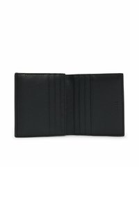 Black leather wallet with a textured finish, featuring multiple card slots and an open design showcasing interior detail.