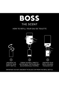 Passaggi per ricaricare Boss The Scent eau de toilette: svitare la pompa, avvitare la ricarica sul collo fino a quando il riempimento si interrompe, quindi svitare la ricarica tenendo il tappo nero.