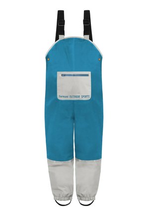 Blau-grauer wasserdichter Overall mit verstellbaren Trägern, einer vorderen Reißverschlusstasche und elastischen Bündchen. Geeignet für Outdoor-Sportarten.
