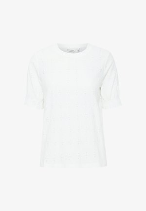 Top in cotone bianco con maniche corte a sbuffo, caratterizzato da ricami a giorno e una scollatura rotonda. Orlo dritto con bordi delle maniche arricciati.