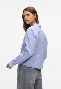 Blå rutete skjorte med lange ermer, knappemanchetter og krage. Stoffet har en glatt tekstur. Brukt med grå høytlivsjeans.