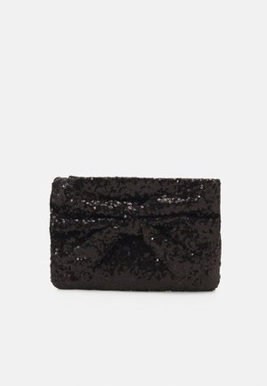 Sort rektangulær clutch taske dækket af skinnende palietter med en diskret knudedetalje foran.