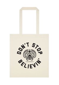 Naturlig beige tote-väska med svart skalbagge-grafik och texten "DON'T STOP BELIEVIN'" och "JOURNEY" under skalbaggen.