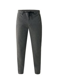 Donkere grijze sweatpants van zachte stof, met een elastische tailleband met trekkoord, taps toelopende benen en zijzakken.