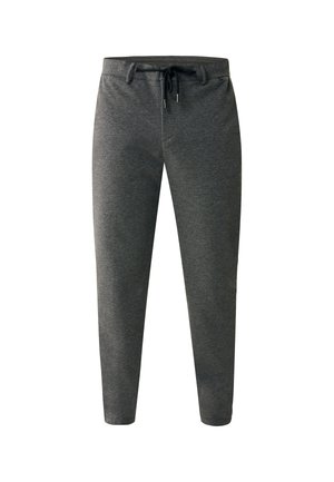 Pantaloni da tuta grigio scuro realizzati in tessuto morbido, con vita regolabile tramite coulisse, gambe affusolate e tasche laterali.