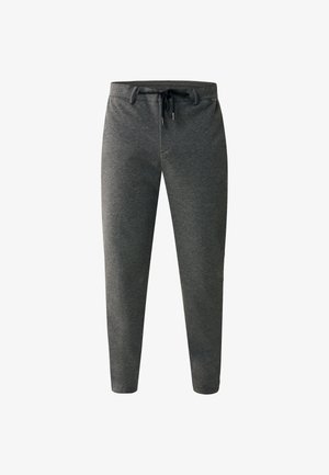 Donkere grijze sweatpants van zachte stof, met een elastische tailleband met trekkoord, taps toelopende benen en zijzakken.