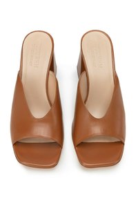 Mules de cuero marrón abiertos en los dedos con un tacón cuadrado, que presentan un amplio corte frontal y una textura suave. Diseño simple y de forma cuadrada.