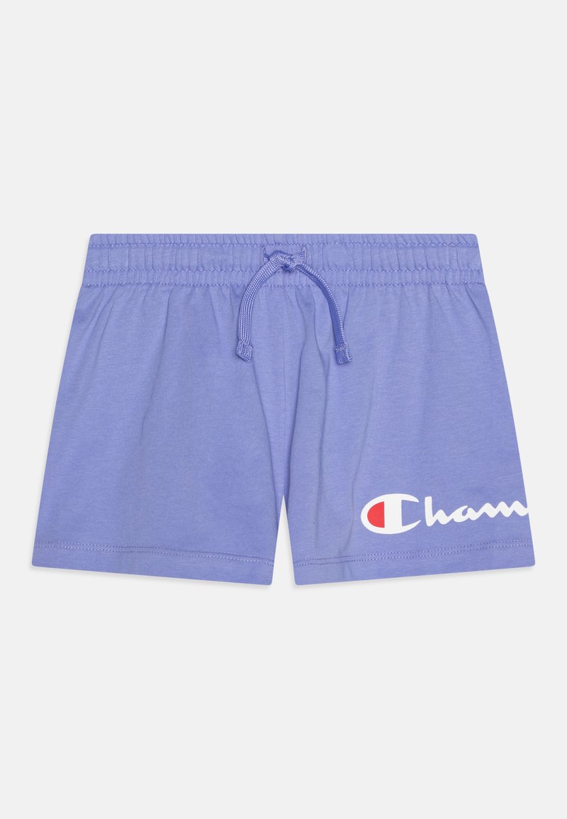 Purple cotton shorts with an elastic waistband and drawstring. Features a white "Champion" logo on one side. Smooth texture, classic fit.
