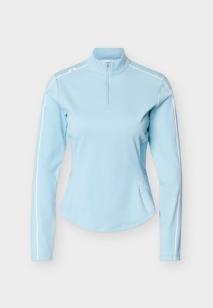 Jasnoniebieska sportowa koszulka z długim rękawem, z ćwiartkowym zamkiem błyskawicznym, wysokim kołnierzem oraz białymi przeszyciami na rękawach i ramionach, na jednolitym tle.