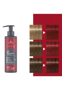 Ruby Rode Kleurmasker in een grijze fles met een pompje. Kleurresultaten weergegeven aan de zijkant: van lichte tot donkere tinten, overgaand in levendige rode kleuren.