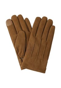 Guanti in pelle marrone con una texture morbida, caratterizzati da tre linee cucite sul retro e un accento liscio sulle punte delle dita.