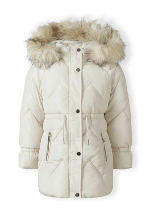 Manteau d'hiver matelassé couleur crème avec capuche bordée de fourrure, boutons devant, poches zippées et cordons ajustables à la taille.