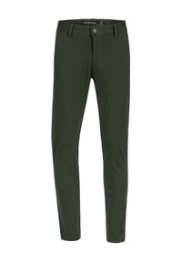 Pantalon vert foncé en tissu doux, avec une coupe ajustée, bouton et fermeture éclair à l'avant, et un style classique à cinq poches.