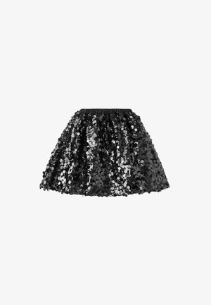 Jupe noire à taille élastique recouverte de paillettes brillantes noires et argentées, silhouette évasée, courte.