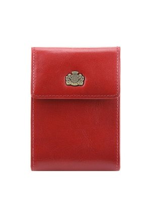 Red leather wallet with a textured finish. Features a rounded flap secured by a gold-tone logo clasp. Stitched edges add detail.