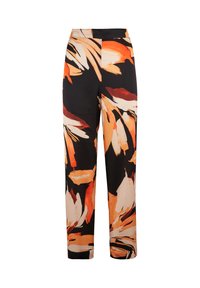 Pantalons en tissu noir ornés de motifs floraux orange et crème audacieux, avec une coupe droite et une taille ajustée.