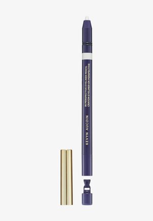 Lila Eyeliner-Stift mit goldenem Deckel und weißer Stiftspitze. Das Etikett zeigt goldene Schriftzüge. Texturierter Körper für besseren Halt.