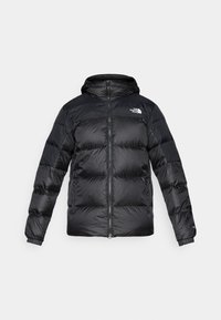Jachetă puffer neagră, confecționată dintr-un material strălucitor și texturat, cu glugă, fermoar în față și manșete elastice. Dispune de două buzunare frontale și detalii cu logo.