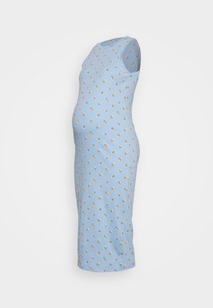 Vestido de maternidade azul com um formato ajustado, design sem mangas, textura ribada e pequenos padrões florais multicoloridos por toda a peça.