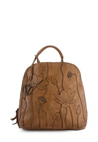 Brown leather backpack featuring embossed floral patterns, a zip closure, and a top handle. Includes decorative hardware accent.