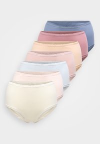 Επτά ζευγάρια βαμβακερά εσώρουχα με ψηλή μέση σε παστέλ χρώματα: ανοιχτό κίτρινο, ροζ, μπλε, ροδάκινο και μωβ, με δαντέλα κατά μήκος της μέσης.