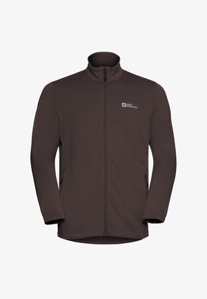 Giacca marrone con zip e colletto alto, realizzata in tessuto testurizzato. Presenta tasche laterali e un piccolo logo sul lato sinistro del petto.