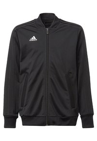 Chaqueta atlética negra con cremallera, hecha de tela suave, que presenta tres rayas blancas en cada manga, dos bolsillos frontales y puños acanalados.