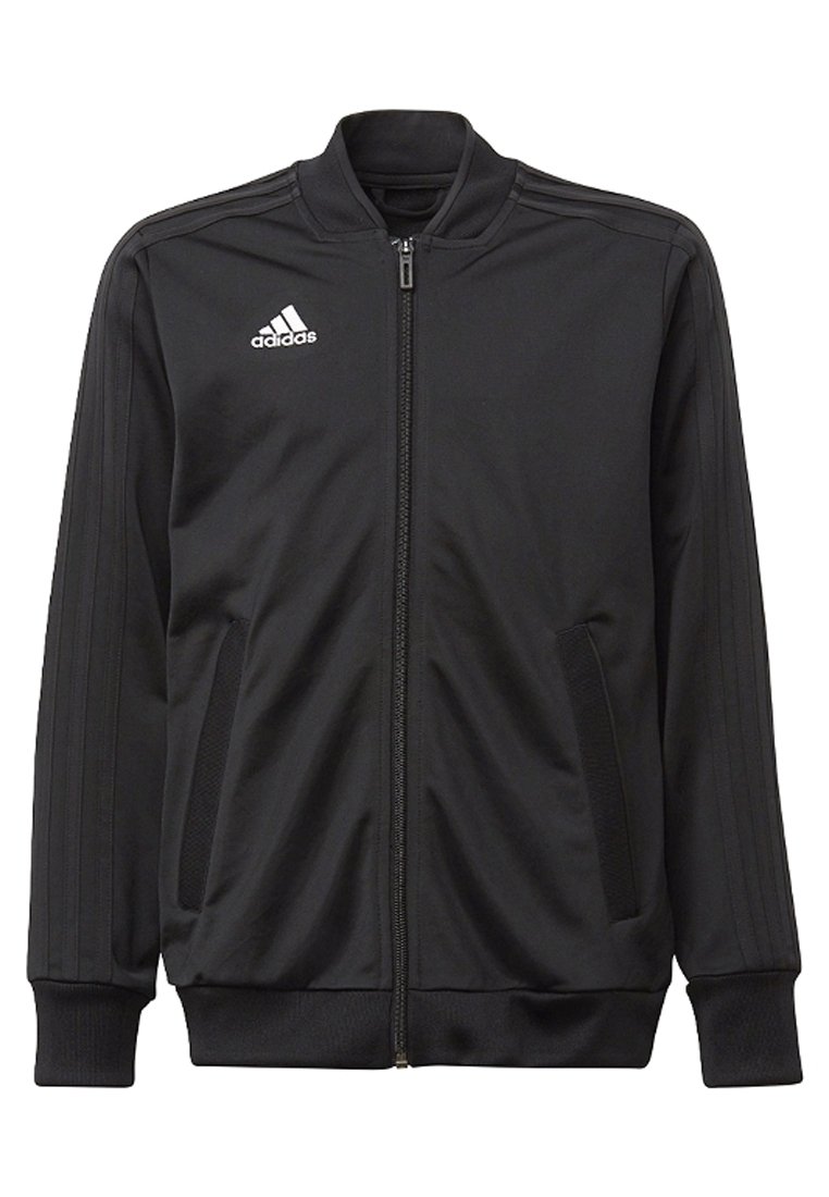 Chaqueta atlética negra con cremallera, hecha de tela suave, que presenta tres rayas blancas en cada manga, dos bolsillos frontales y puños acanalados.