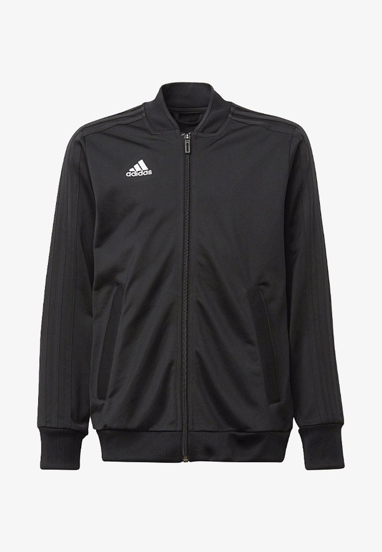 Schwarze athletic Jacke mit Reißverschluss aus glattem Stoff, ausgestattet mit drei weißen Streifen an jedem Ärmel, zwei Fronttaschen und gerippten Bündchen.