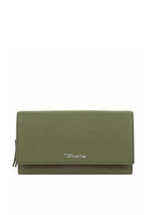 Rektangulær olivengrøn læderpung med pebblet tekstur og et sølvfarvet Tamaris-logo på frontklappen.