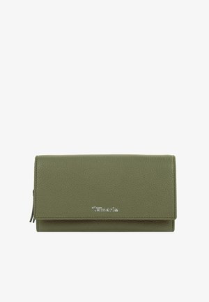 Portefeuille rectangulaire en cuir vert olive avec une texture granuleuse et un logo Tamaris argenté sur le rabat avant.